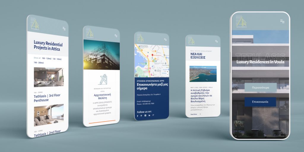 Five phone screens of the Appe Developments website