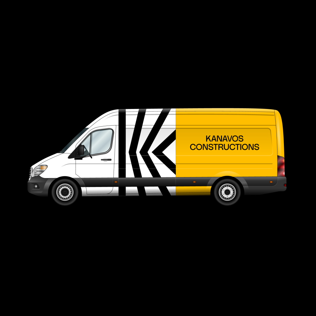 Company van with Kanavos Constructions graphics in black, white and yellow