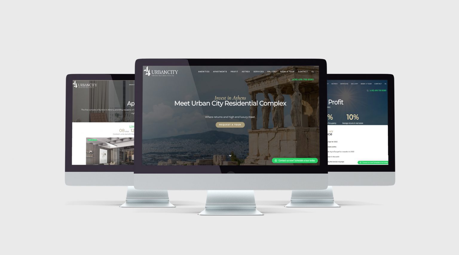 The Urban City 44 website on three desktop screens