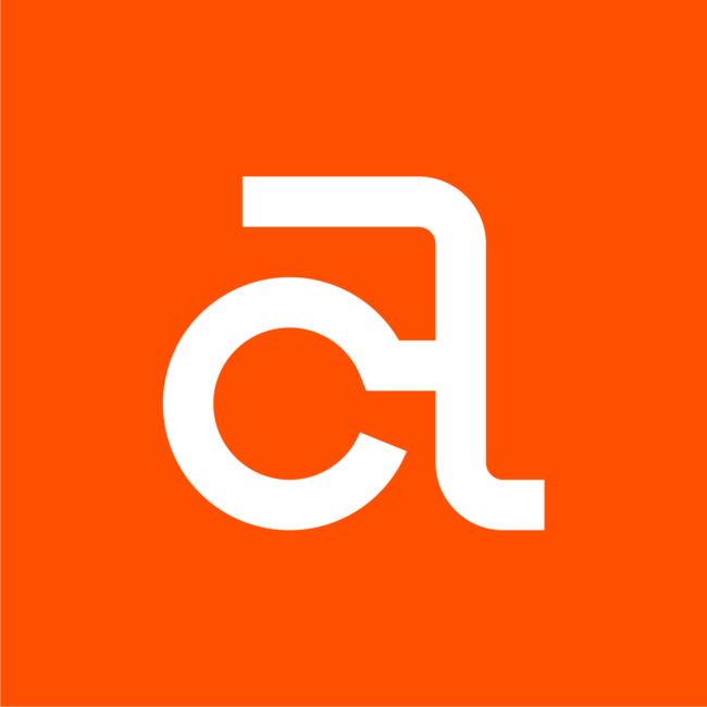 The ‘AC’ symbol of Aggelou Constructions, white on orange