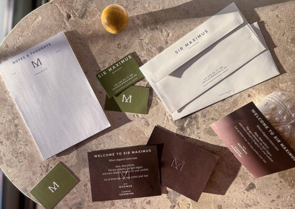 Letterheads, envelopes and business cards for Maximus Mykonos on stone