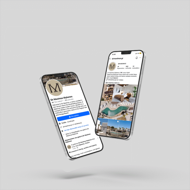 Maximus Mykonos social media content on two phones