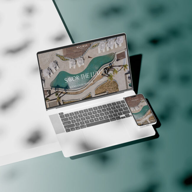 Maximus Mykonos website on a laptop and phone