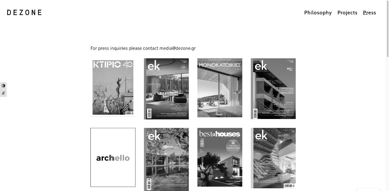 Press section of the Dezone Archi+ website with magazine covers