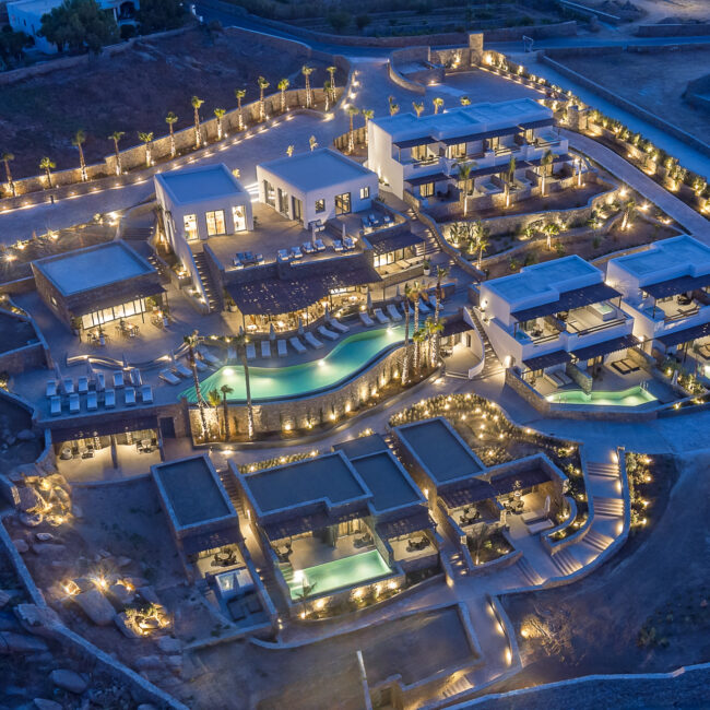 Aerial view of Maximus Mykonos 5* illuminated at night