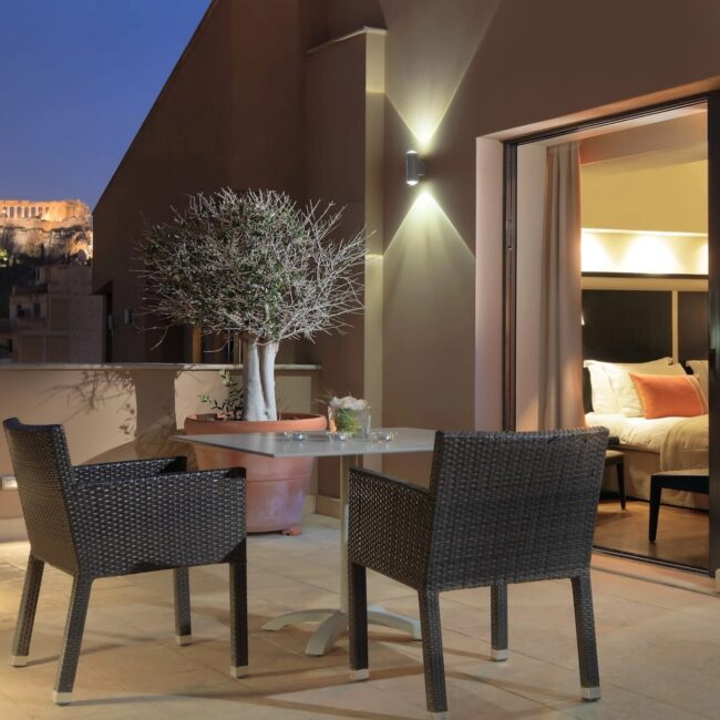 O&B Athens terrace with a view of the Acropolis