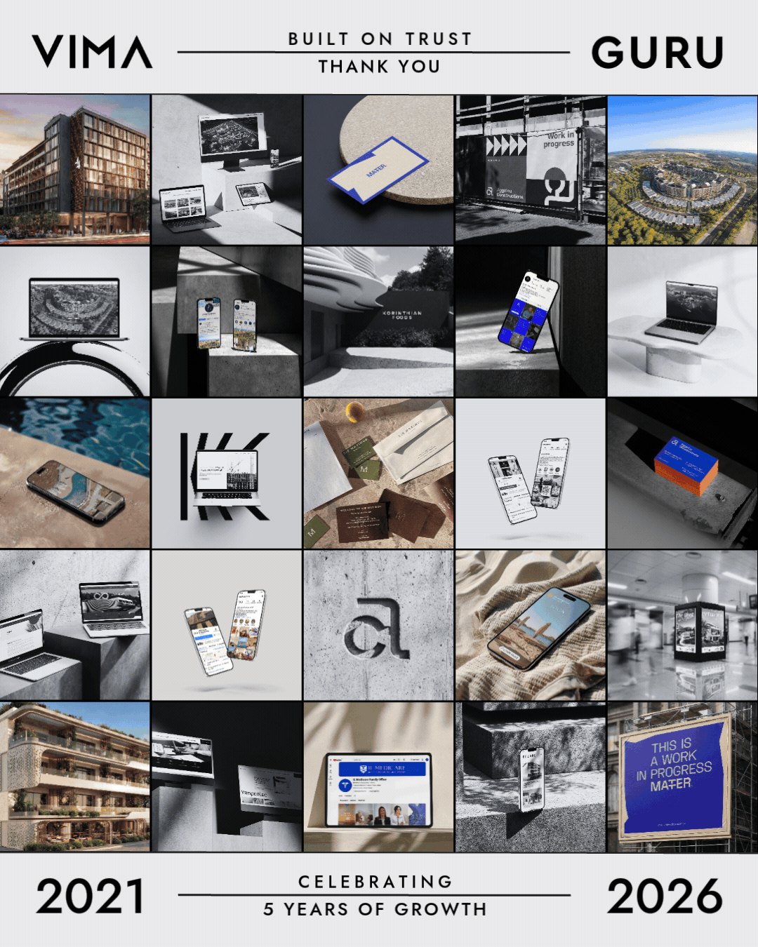 VIMA GURU, 2021–2026: five years of work in one collage